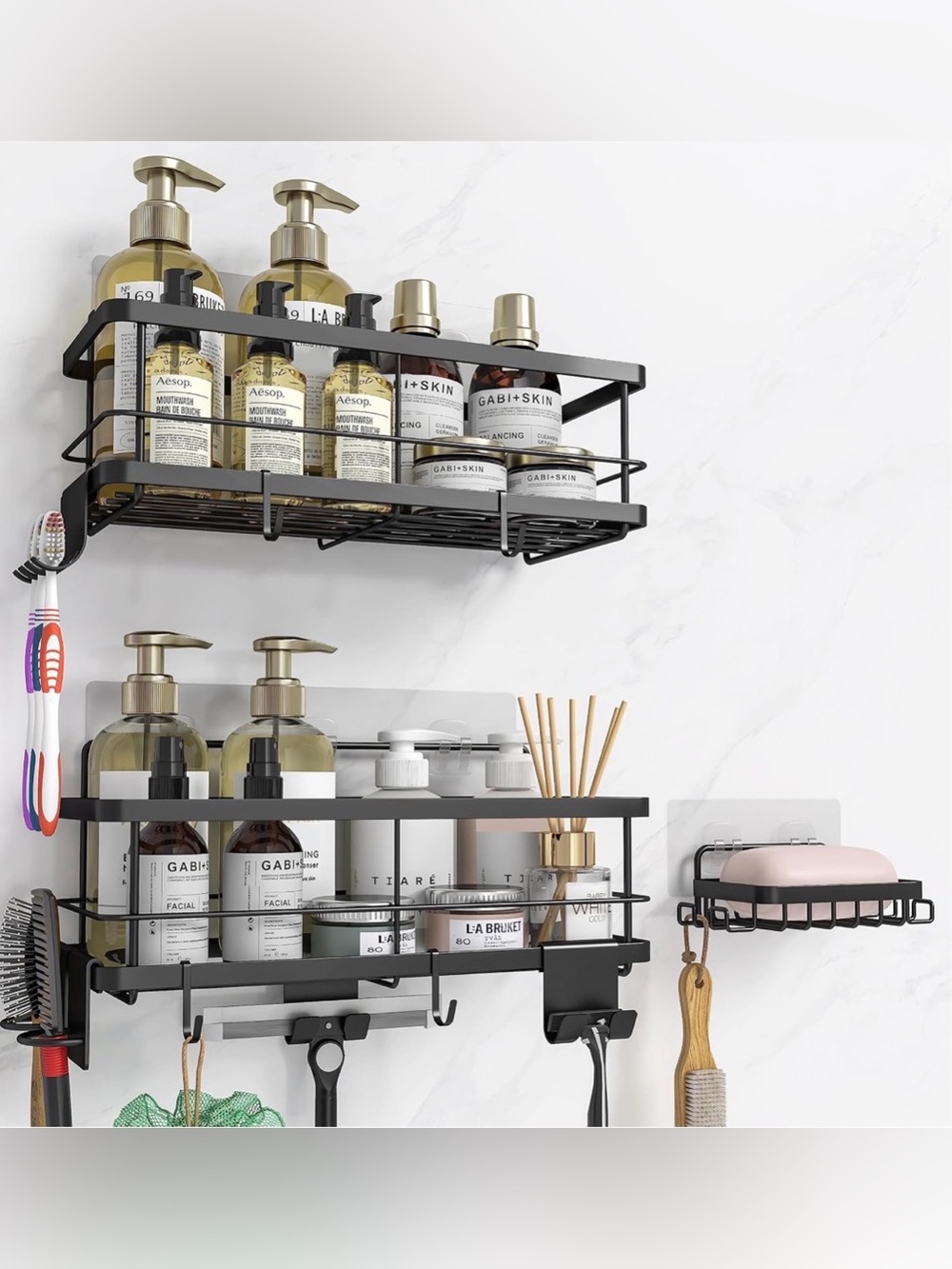 Wall-Mounted Black Bathroom Shelf Organizer